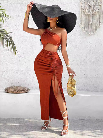 New gathered pleated hollow slit dress-chiquechics