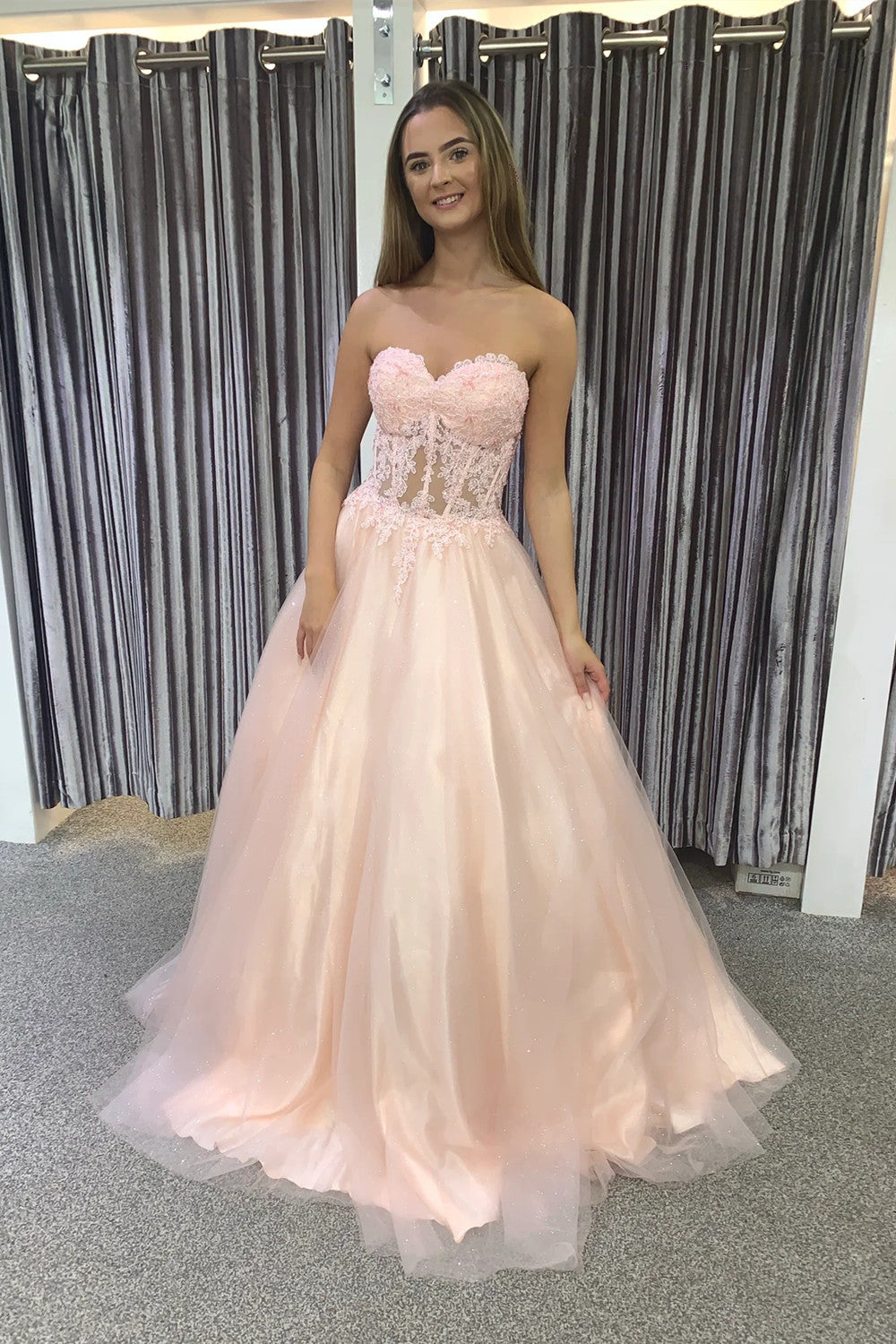 A Line Sweetheart Pink Corset Prom Dress with Appliques