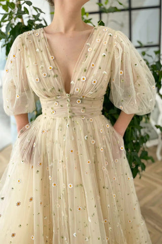 A-line V Neck Sea of Daisies Dress Engagement Ankle Length Half Sleeve High Neck Tulle with Buttons Pleats