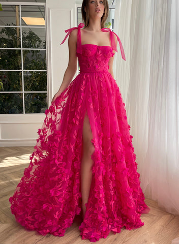 Fuchsia Elegant A-line 3D Flower Lace Prom Dress With Slit