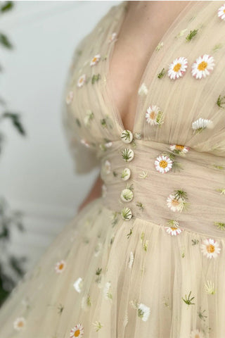 A-line V Neck Sea of Daisies Dress Engagement Ankle Length Half Sleeve High Neck Tulle with Buttons Pleats