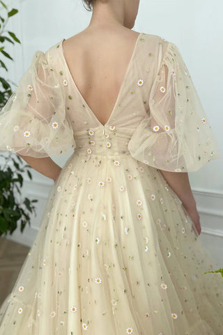 A-line V Neck Sea of Daisies Dress Engagement Ankle Length Half Sleeve High Neck Tulle with Buttons Pleats