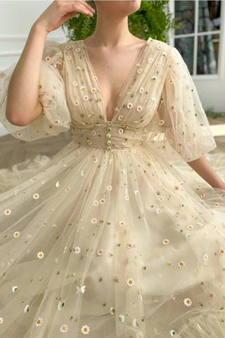 A-line V Neck Sea of Daisies Dress Engagement Ankle Length Half Sleeve High Neck Tulle with Buttons Pleats