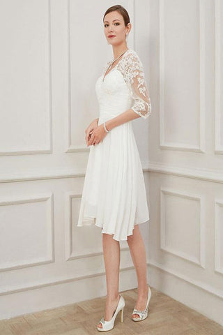 Ivory Short Wedding Dress Knee Length V Neck Half Sleeves A Line Natural Waist Chiffon Bridal Dresses