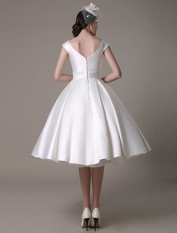 Elfenbein Brautkleider 2021 Kurz Satin Knielang Schleife Schärpe Retro Brautkleid Exklusiv