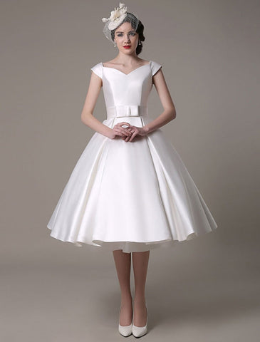 Elfenbein Brautkleider 2021 Kurz Satin Knielang Schleife Schärpe Retro Brautkleid Exklusiv