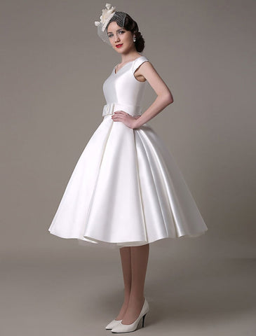 Elfenbein Brautkleider 2021 Kurz Satin Knielang Schleife Schärpe Retro Brautkleid Exklusiv