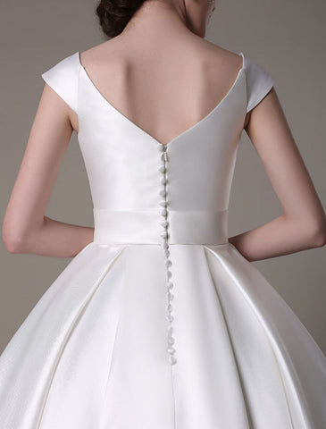 Elfenbein Brautkleider 2021 Kurz Satin Knielang Schleife Schärpe Retro Brautkleid Exklusiv
