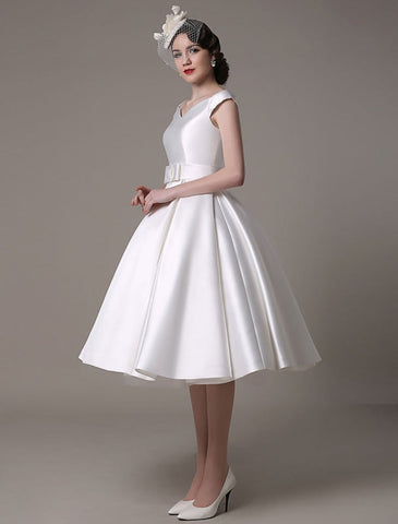 Elfenbein Brautkleider 2021 Kurz Satin Knielang Schleife Schärpe Retro Brautkleid Exklusiv