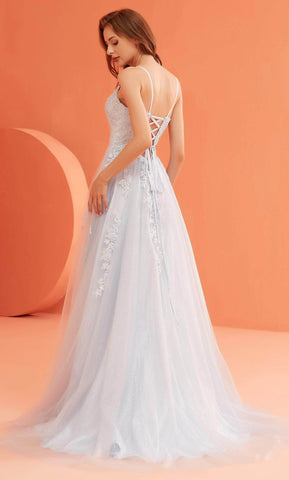 V-Neck Lace Appliqued Prom Gown