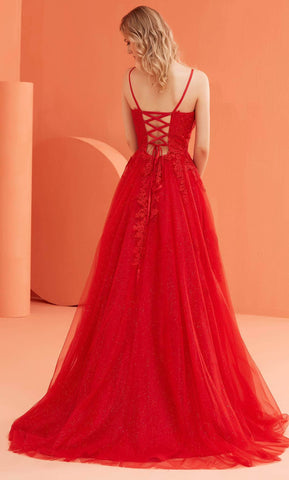 V-Neck Lace Appliqued Prom Gown