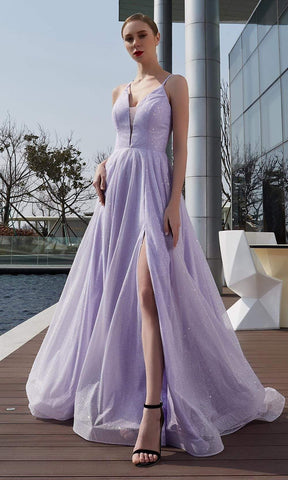 V Neck Glittered A-line Long Dress