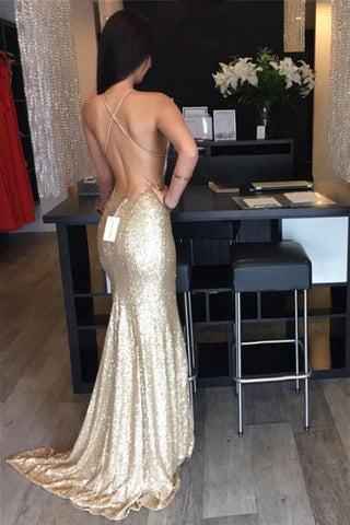 Golden Halter Deep V-Neck Open Back Prom Dress with Sweep Train,