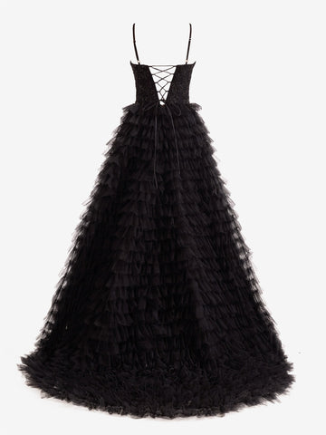 A-Line Tiered Sequins Tulle Long Prom Dress