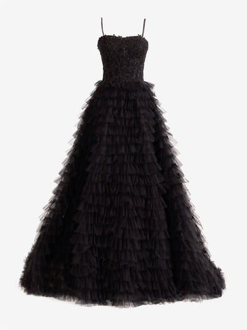 A-Line Tiered Sequins Tulle Long Prom Dress