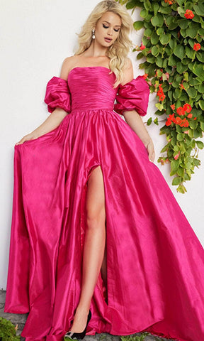 Taffeta Puff Sleeve A-line Gown