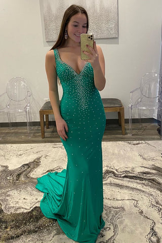 Elle | Meerjungfrau-Ballkleid aus Satin mit V-Ausschnitt und Perlenbesatz und überkreuztem Rücken