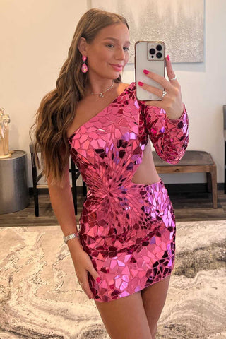 Cut Glass Mirror One-Sleeve Cutout Short Cocktail Gown