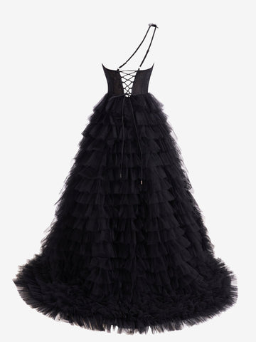 A Line One Shoulder Tiered Long Prom Dress