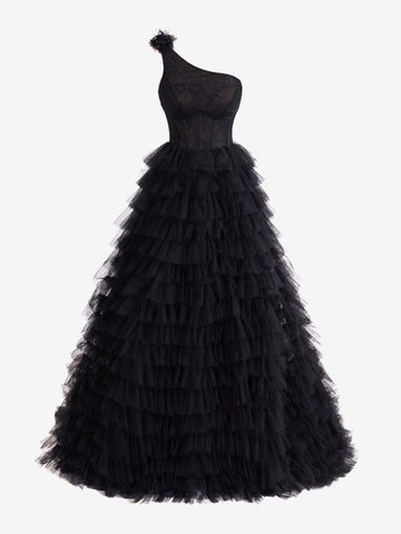 A Line One Shoulder Tiered Long Prom Dress