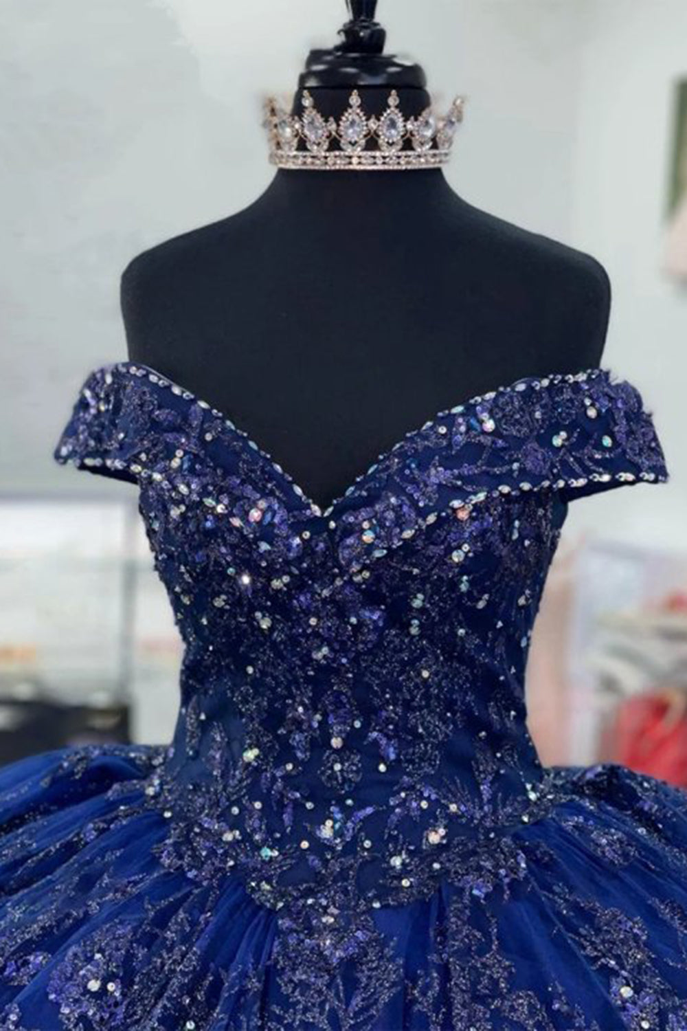 Sparkly Navy Ball Gown Off the Shoulder Sequins Applique Quinceanera Dress 