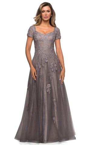 Floral Appliqued A-Line Evening Dress