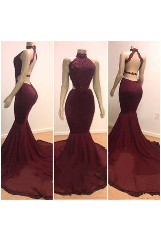 Lace Top High-Neck Mermaid Long Burgundy Evening Gowns Prom Dresses
