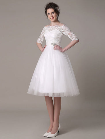 Spitzen-Brautkleider 2021, kurz, schulterfrei, A-Linie, knielang, Taille, Strass-Brautkleid, exklusiv