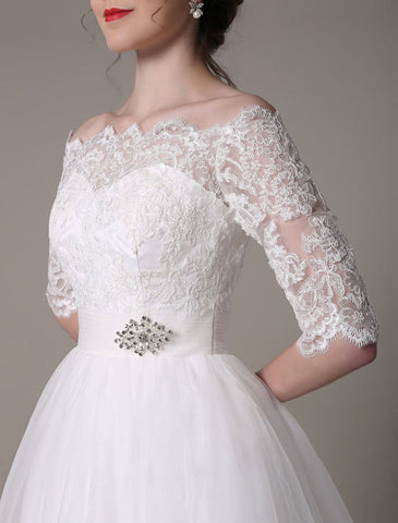 Spitzen-Brautkleider 2021, kurz, schulterfrei, A-Linie, knielang, Taille, Strass-Brautkleid, exklusiv