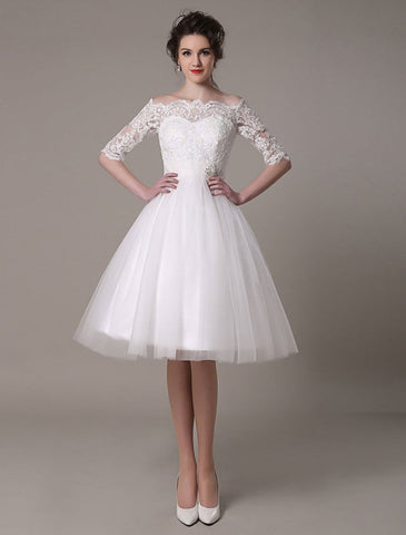 Spitzen-Brautkleider 2021, kurz, schulterfrei, A-Linie, knielang, Taille, Strass-Brautkleid, exklusiv