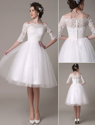 Spitzen-Brautkleider 2021, kurz, schulterfrei, A-Linie, knielang, Taille, Strass-Brautkleid, exklusiv