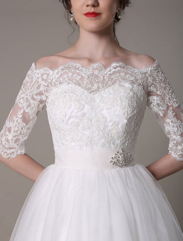 Spitzen-Brautkleider 2021, kurz, schulterfrei, A-Linie, knielang, Taille, Strass-Brautkleid, exklusiv