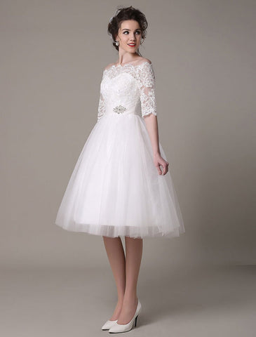 Spitzen-Brautkleider 2021, kurz, schulterfrei, A-Linie, knielang, Taille, Strass-Brautkleid, exklusiv