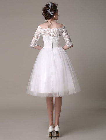 Spitzen-Brautkleider 2021, kurz, schulterfrei, A-Linie, knielang, Taille, Strass-Brautkleid, exklusiv
