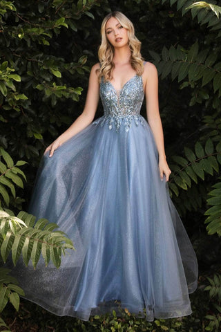 Plunging Beaded A-Line Junior Prom Gown