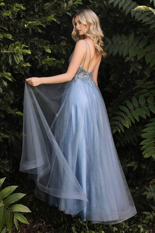 Plunging Beaded A-Line Junior Prom Gown