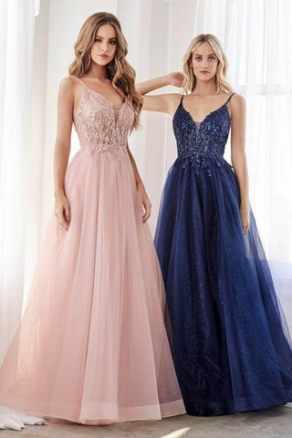 Plunging Beaded A-Line Junior Prom Gown