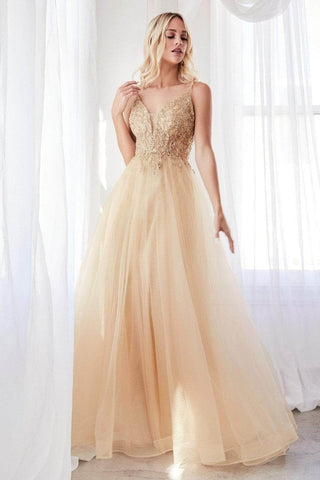 Plunging Beaded A-Line Junior Prom Gown
