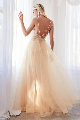 Plunging Beaded A-Line Junior Prom Gown