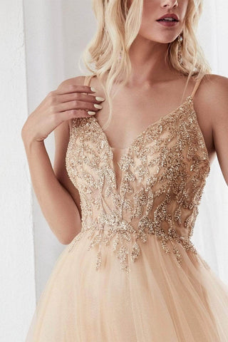 Plunging Beaded A-Line Junior Prom Gown