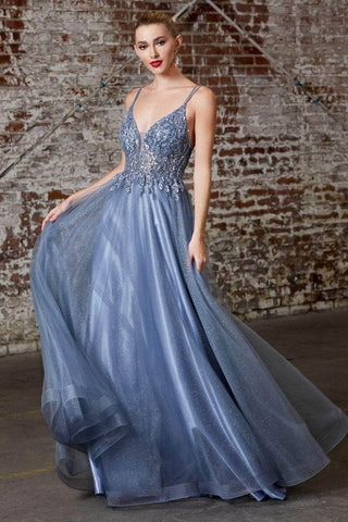Plunging Beaded A-Line Junior Prom Gown