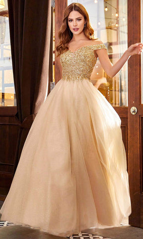Metallic Lace Appliqued Glitter A-Line Gown