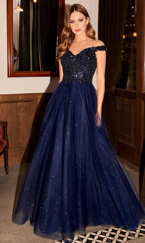 Metallic Lace Appliqued Glitter A-Line Gown