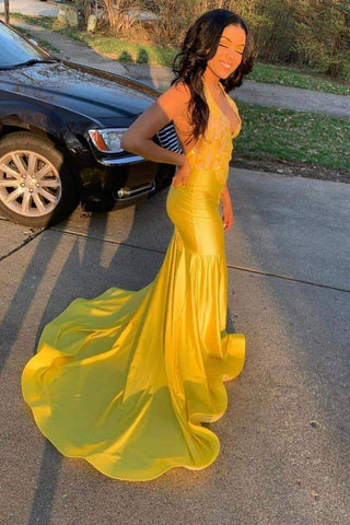 Latest V-Neck Halter Appliques Brush Train Mermaid Prom Dresses