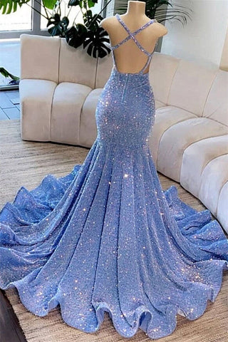 Light Blue Mermaid Prom Dress with Sleeveless Scoop Neckline and Sequin Beadings