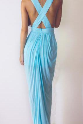 Light Blue Prom Dresses V-Neck Ruffles Sleeveless Chic Split Sloor Length Beach Evening Gowns