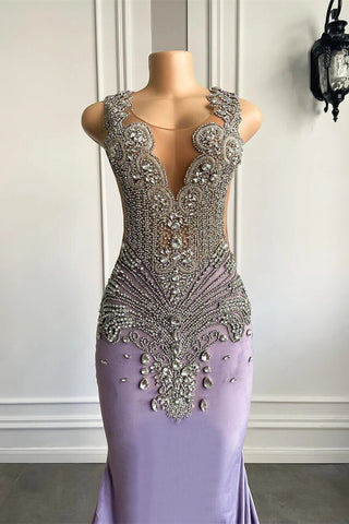 Lila Meerjungfrau-Ballkleid mit Rundhalsausschnitt, ärmellos und Kristallperlen