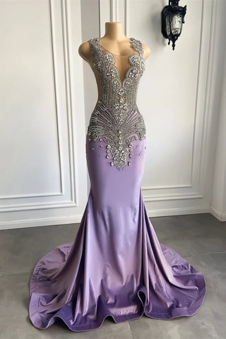 Lila Meerjungfrau-Ballkleid mit Rundhalsausschnitt, ärmellos und Kristallperlen