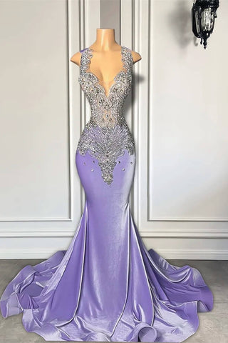 Lila Meerjungfrau-Ballkleid mit Rundhalsausschnitt, ärmellos und Kristallperlen