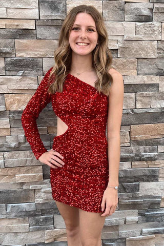 Sequin One-Sleeve Cutout Short Homecoming Dress
